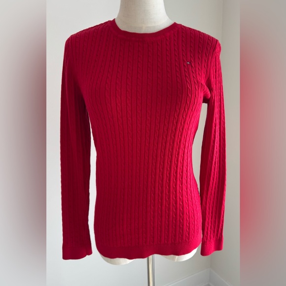 Tommy Hilfiger Women's Red Crew Neck Cable Knit Sweater, Size Small - Picture 2 of 11